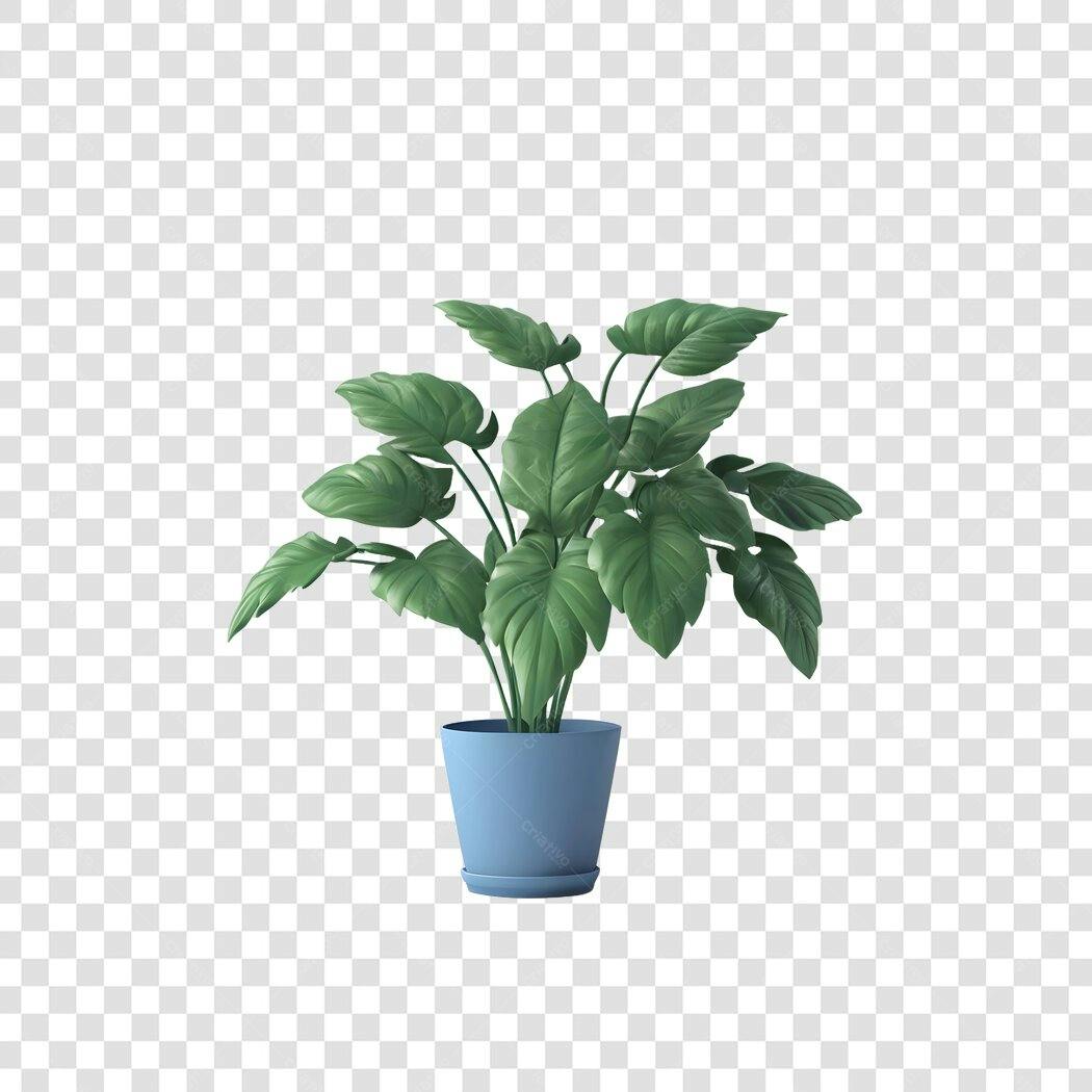 Elemento 3D Planta Vaso Azul Decorativo PNG Fundo Transparente