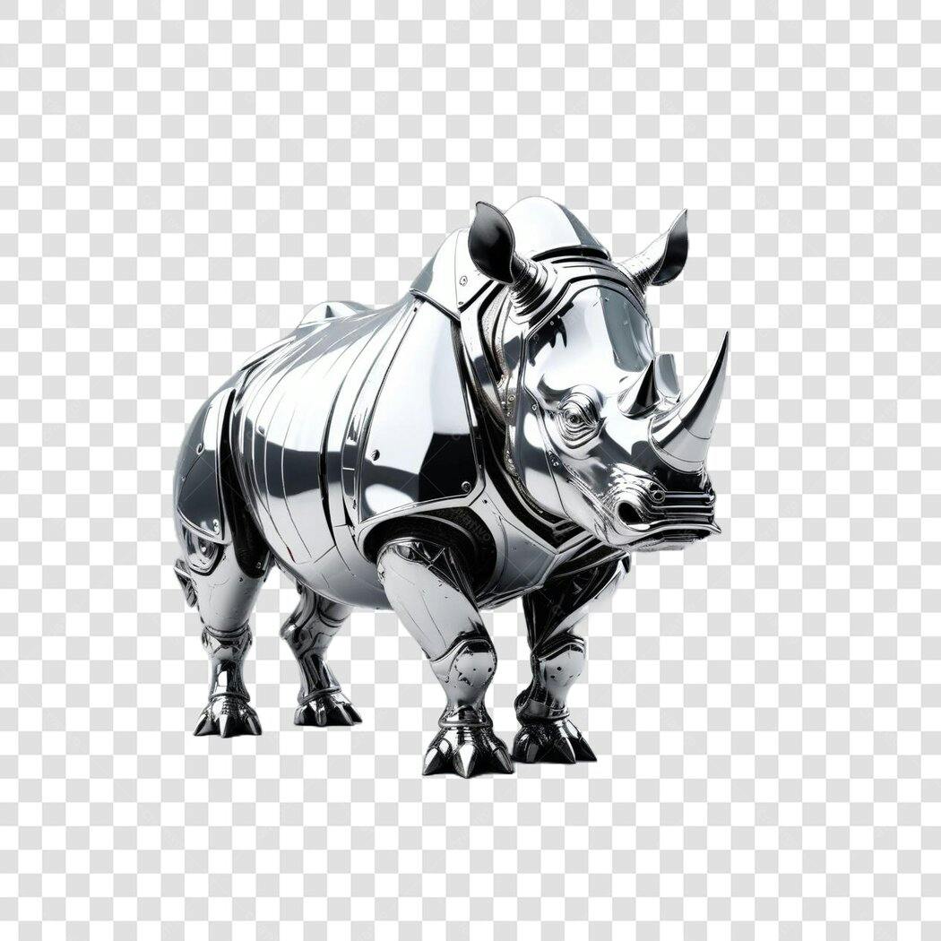 Elemento 3D Rinoceronte Cromado Metálico PNG Fundo Transparente