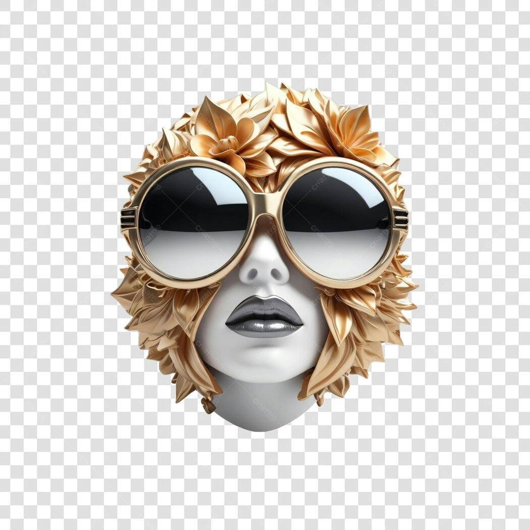 Elemento 3D Rosto Feminino Óculos Dourados PNG Fundo Transparente