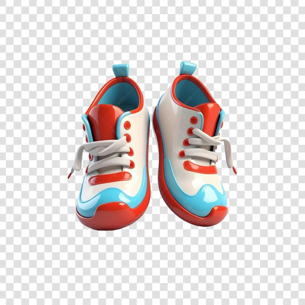 Elemento 3D Tênis Esportivo Vermelho Azul PNG Fundo Transparente