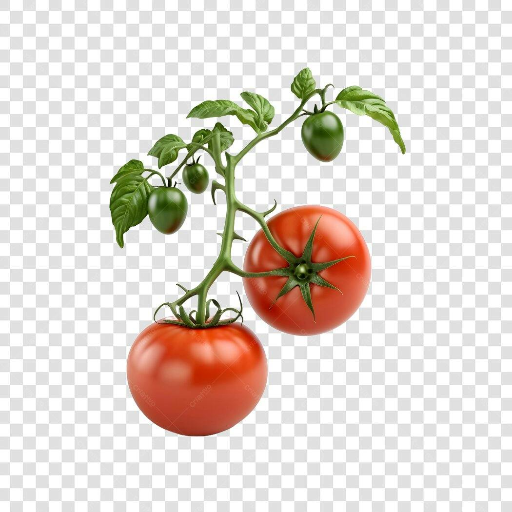 Elemento 3D Tomate Cereja Galho Verde PNG Fundo Transparente