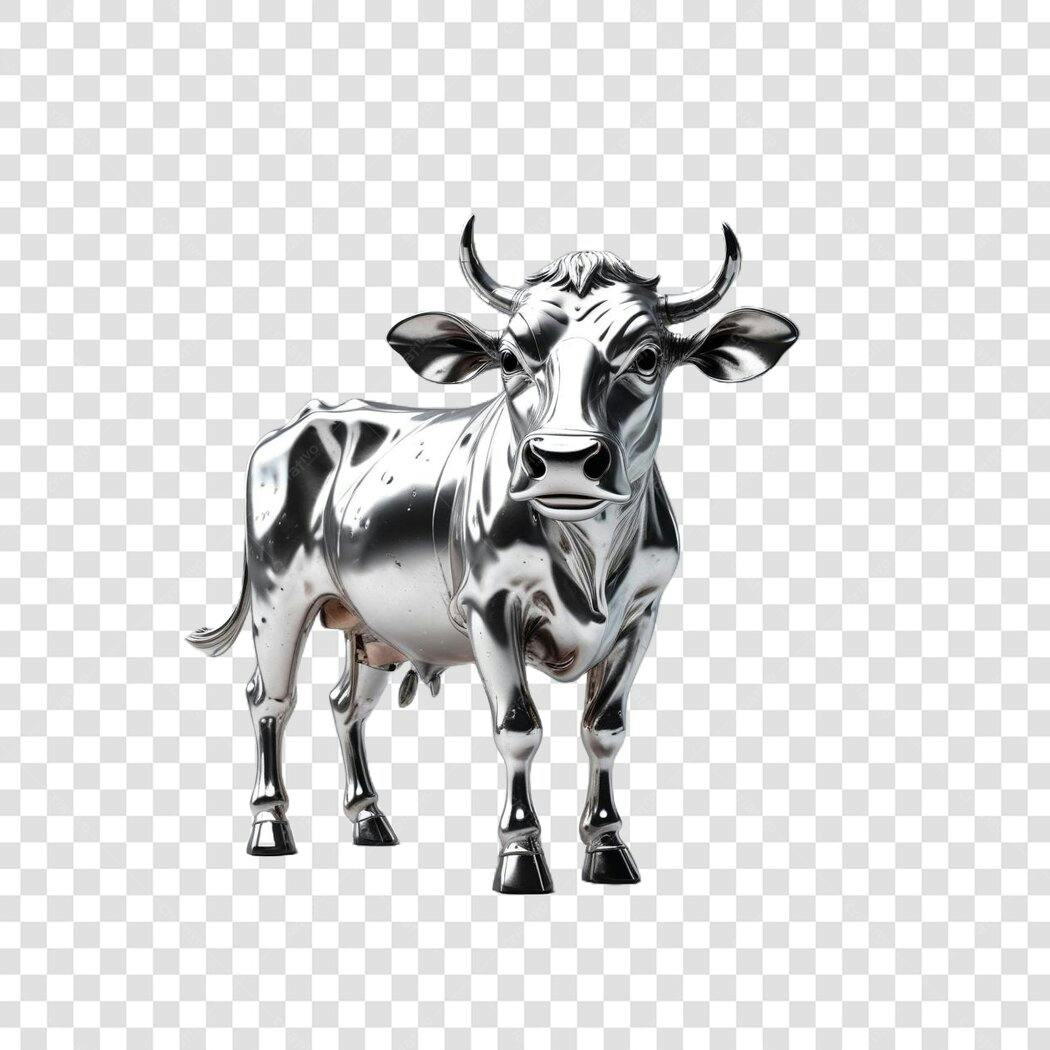 Elemento 3D Vaca Cromada Prata Brilhante PNG Fundo Transparente