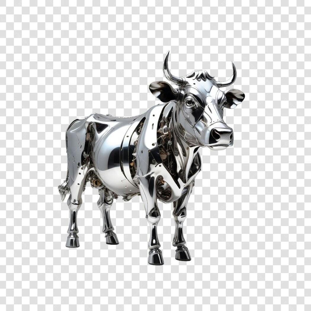 Elemento 3D Vaca Robótica Prateada Metal PNG Fundo Transparente