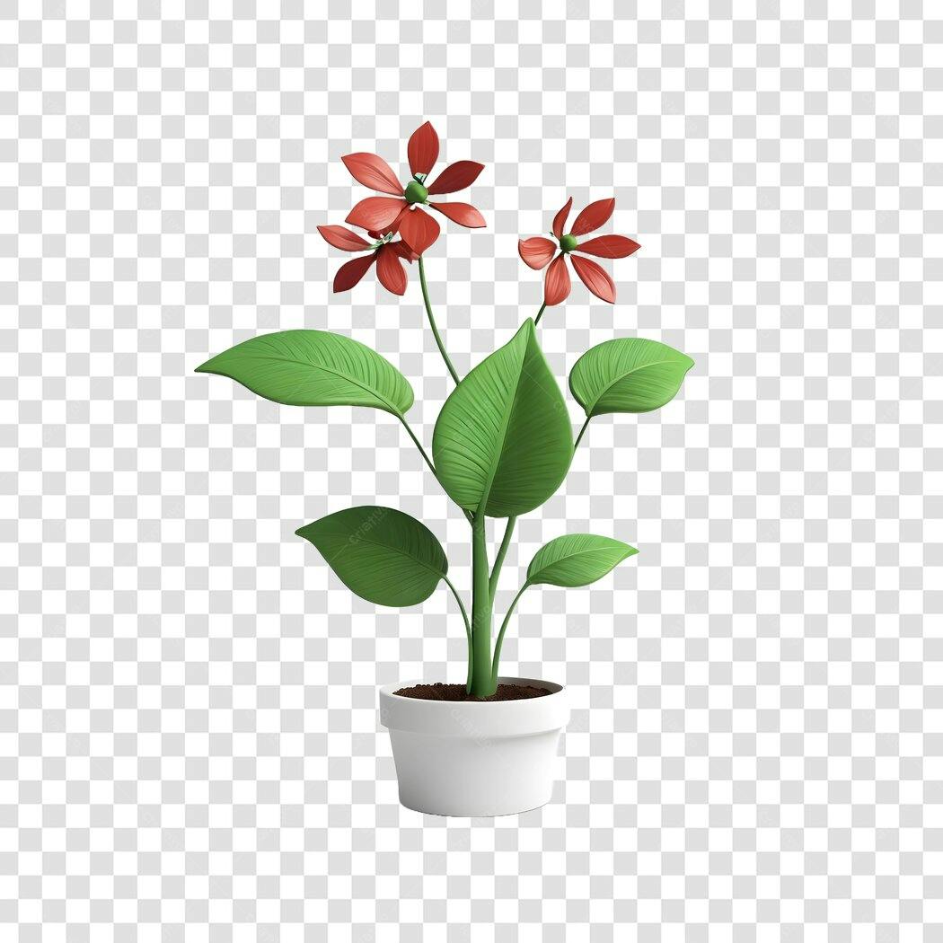 Elemento 3D Vaso de Planta Flores Vermelhas PNG Fundo Transparente