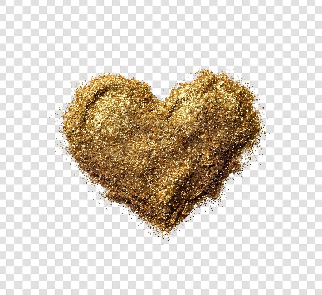 Elemento Decorativo Coração Glitter Dourado PNG Fundo Transparente