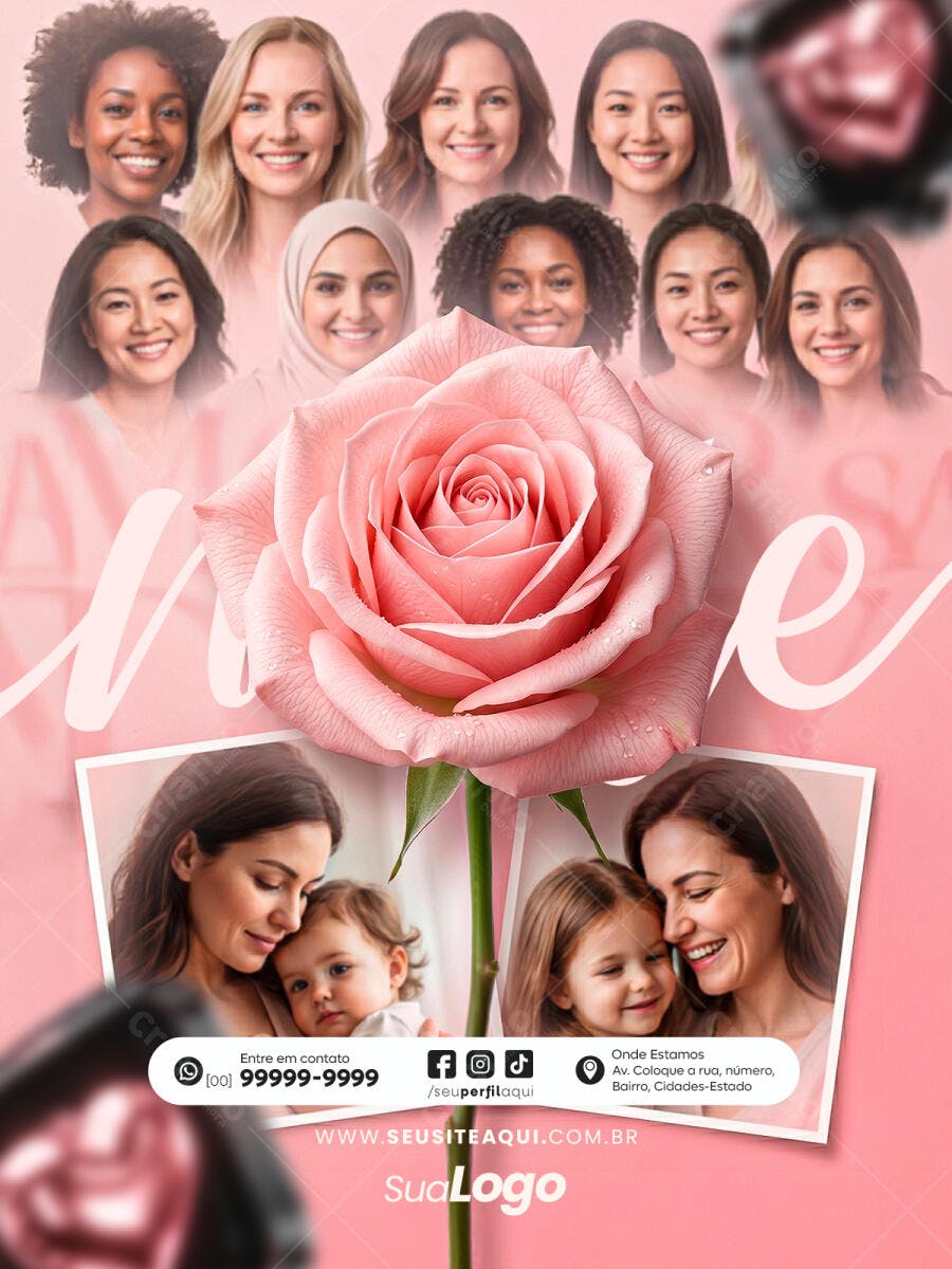 Flyer Dia das Mães Rosas e Mulheres PSD Editável