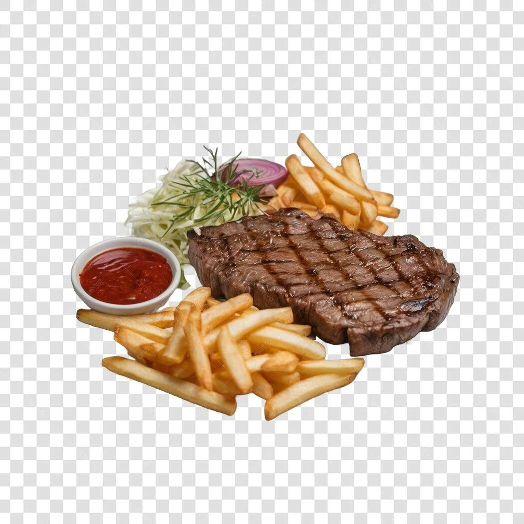 Foto Recortada Bife Batata Frita Molho PNG Fundo Transparente