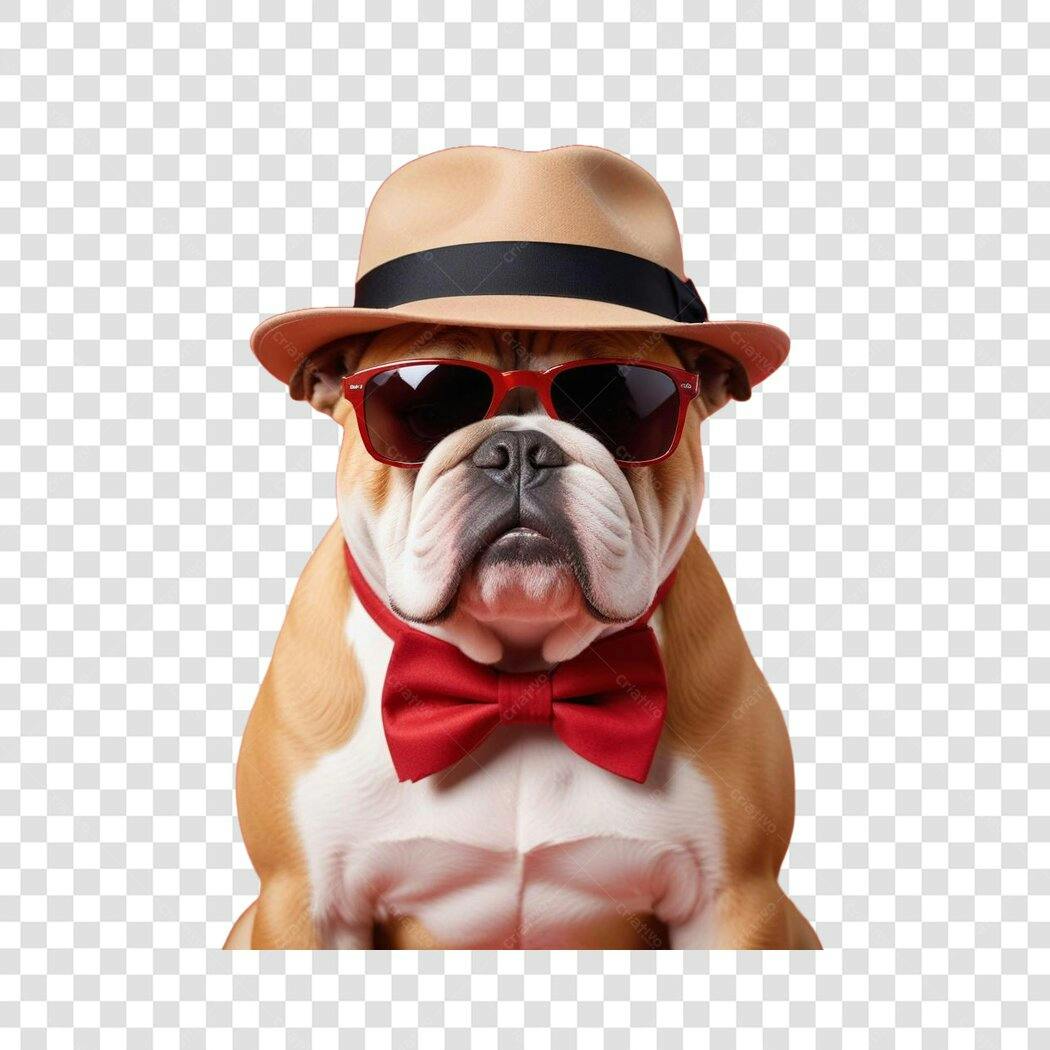 Foto Recortada Bulldog Inglês Chapéu Óculos PNG Fundo Transparente