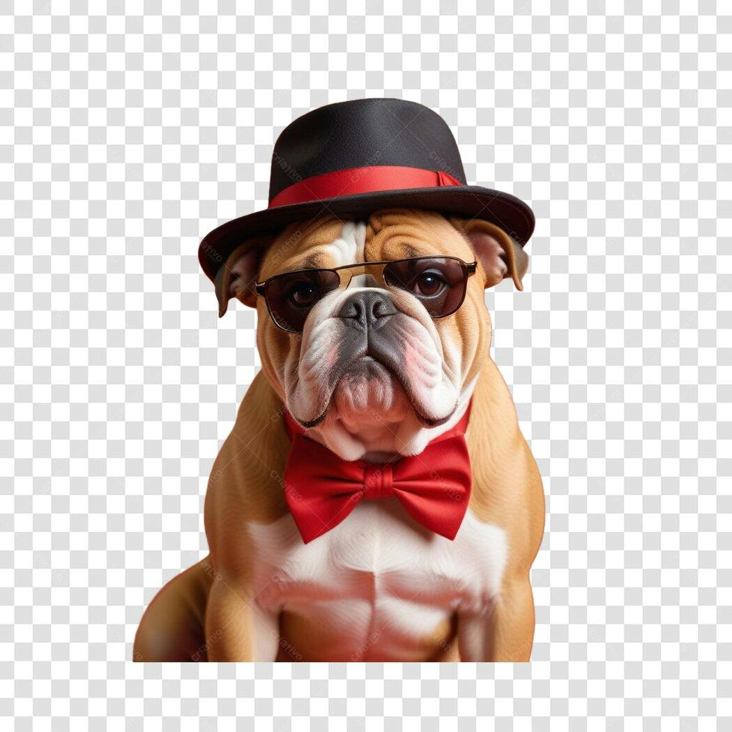 Foto Recortada Bulldog Inglês Óculos Chapéu PNG Fundo Transparente