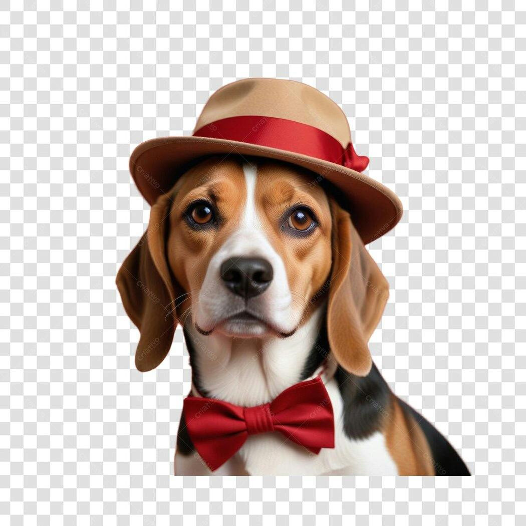 Foto Recortada Cachorro Beagle Chapéu Laço Vermelho PNG Fundo Transparente