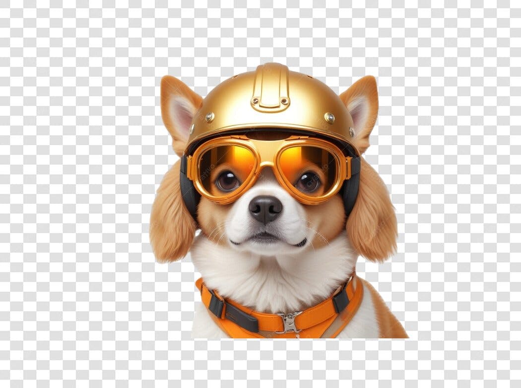 Foto Recortada Cachorro Capacete Dourado Óculos PNG Fundo Transparente