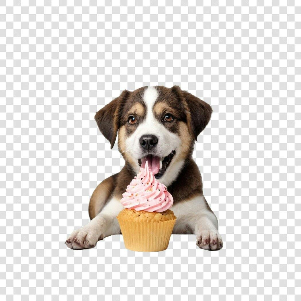 Foto Recortada Cachorro Filhote Comendo Cupcake Rosa PNG Fundo Transparente