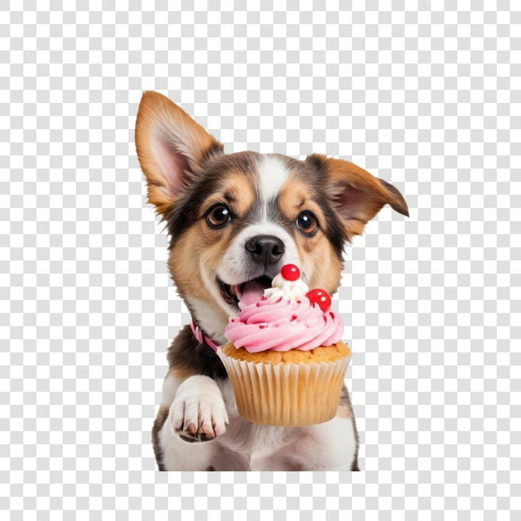 Foto Recortada Cachorro Fofo Comendo Cupcake Rosa PNG Fundo Transparente