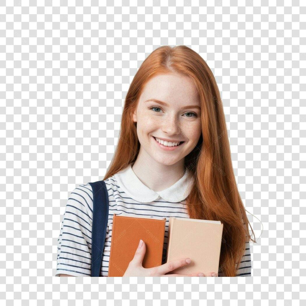 Foto Recortada Estudante Ruiva Sorrindo Livros PNG Fundo Transparente