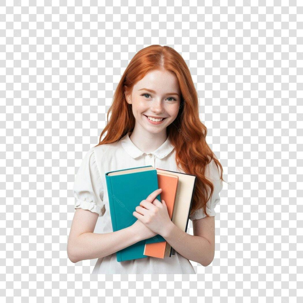 Foto Recortada Estudante Ruiva Sorrindo Livros PNG Fundo Transparente