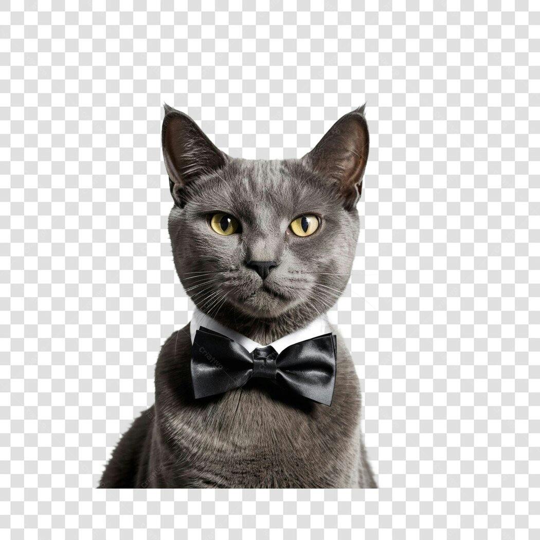 Foto Recortada Gato Cinza Gravata Borboleta PNG Fundo Transparente