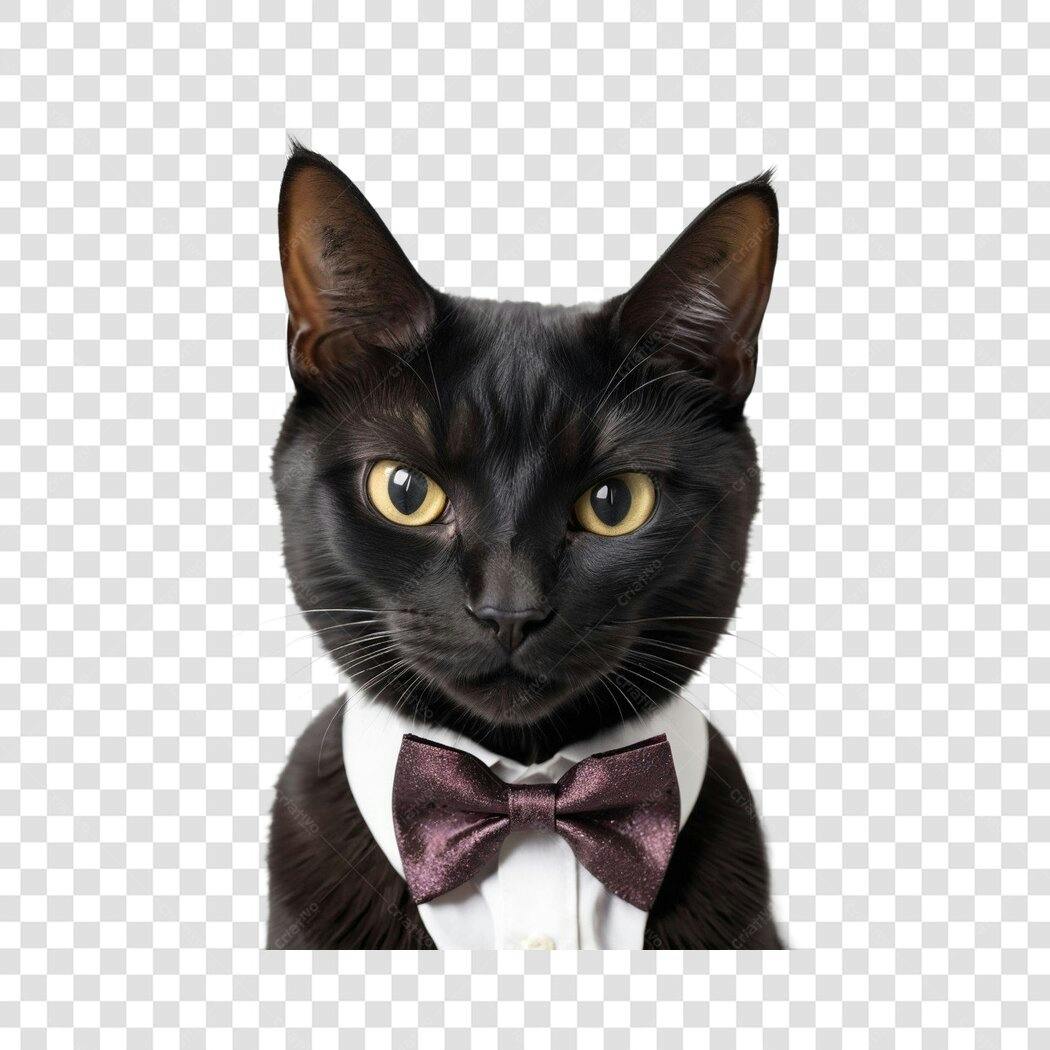 Foto Recortada Gato Preto de Gravata Borboleta PNG Fundo Transparente