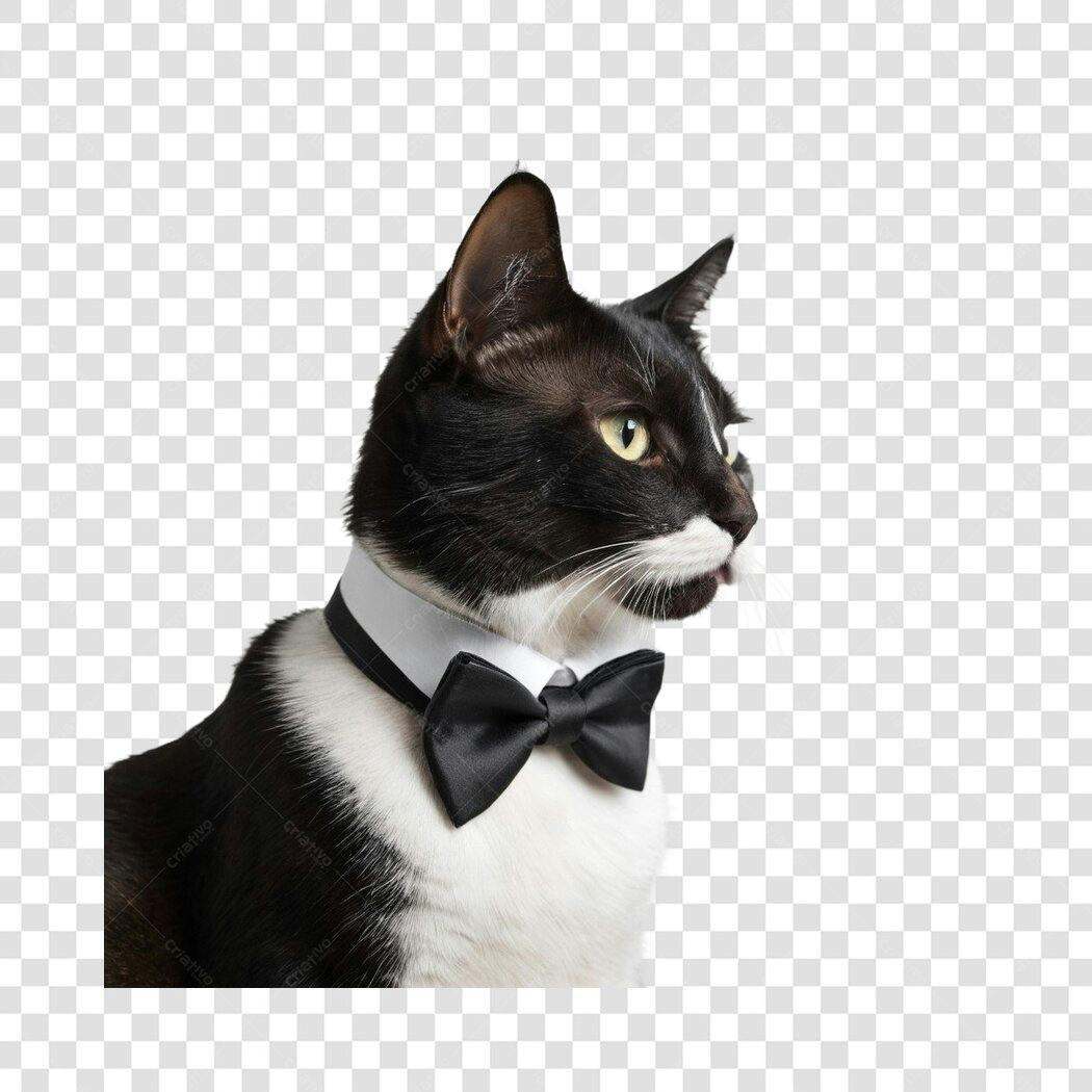 Foto Recortada Gato Preto e Branco de Smoking PNG Fundo Transparente