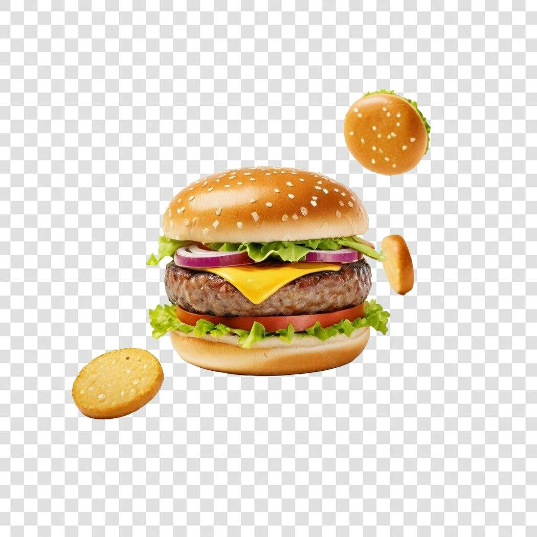 Foto Recortada Hambúrguer Completo Flutuante PNG Fundo Transparente
