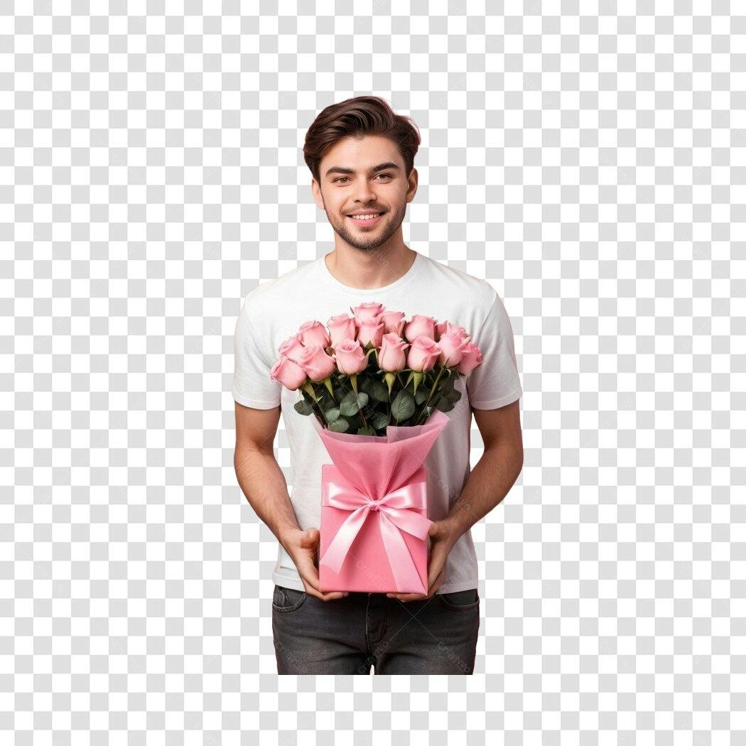 Foto Recortada Homem Buquê Rosas Rosadas PNG Fundo Transparente