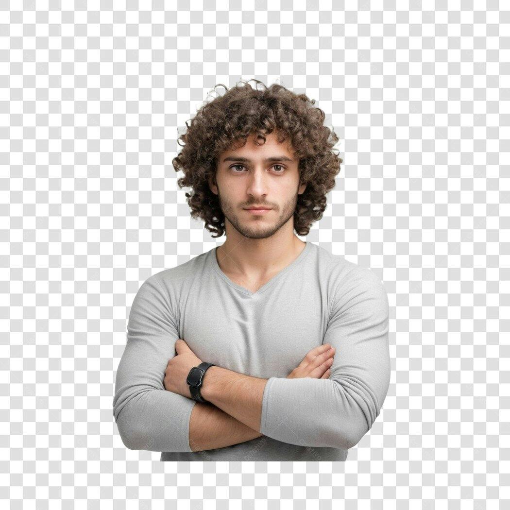 Foto Recortada Homem Cabelo Cacheado Braços Cruzados PNG Fundo Transparente