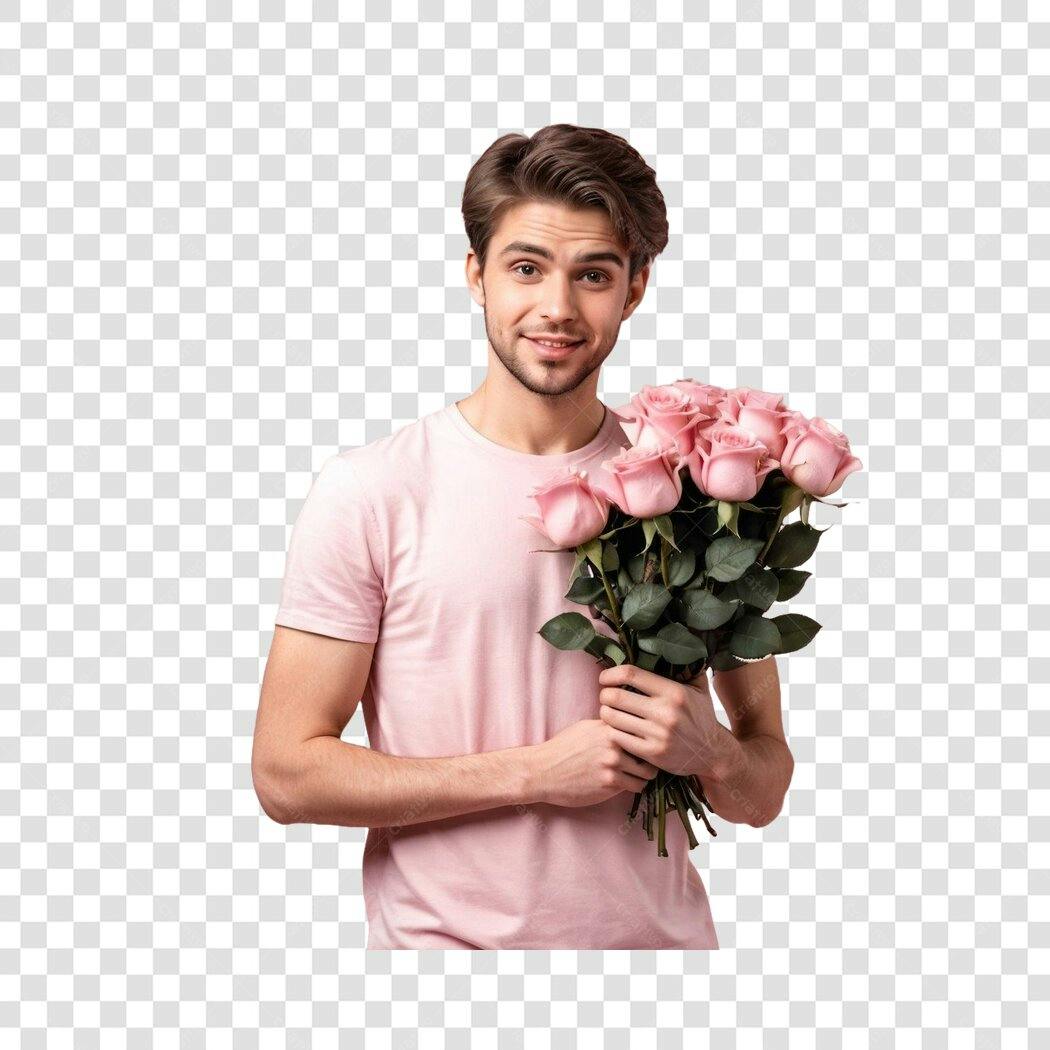 Foto Recortada Homem Jovem Rosas Rosadas PNG Fundo Transparente