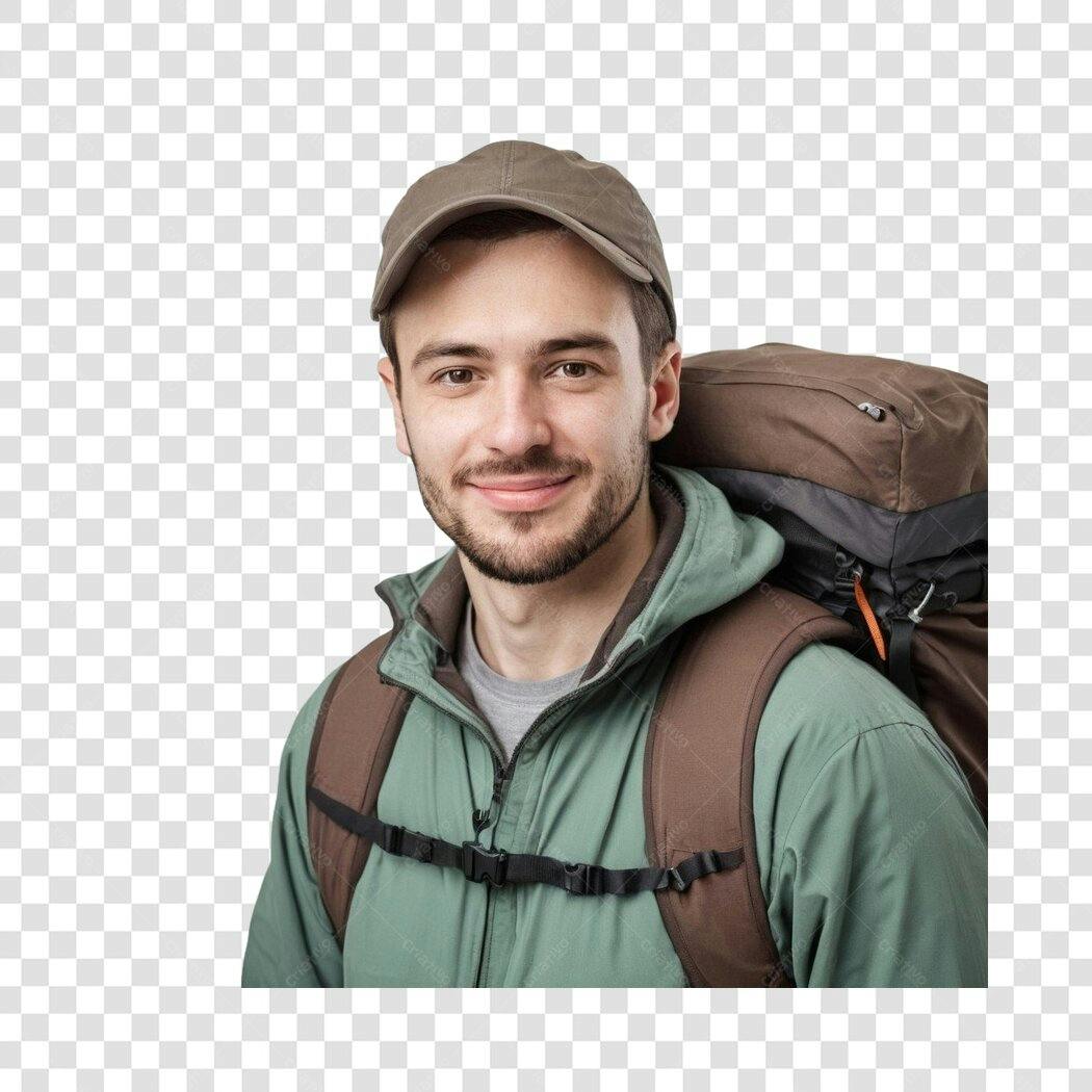 Foto Recortada Homem Mochileiro Sorrindo PNG Fundo Transparente