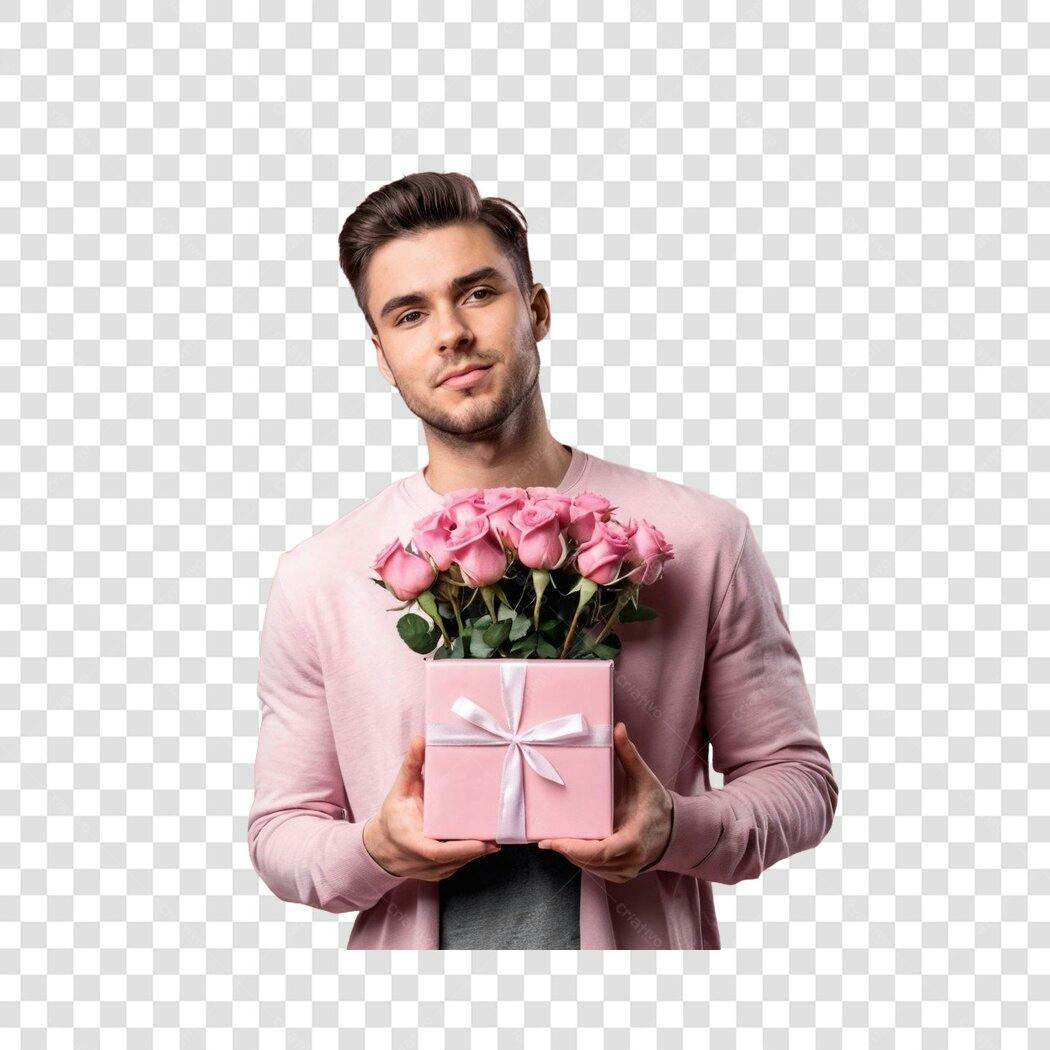 Foto Recortada Homem Presente Flores Rosas PNG Fundo Transparente