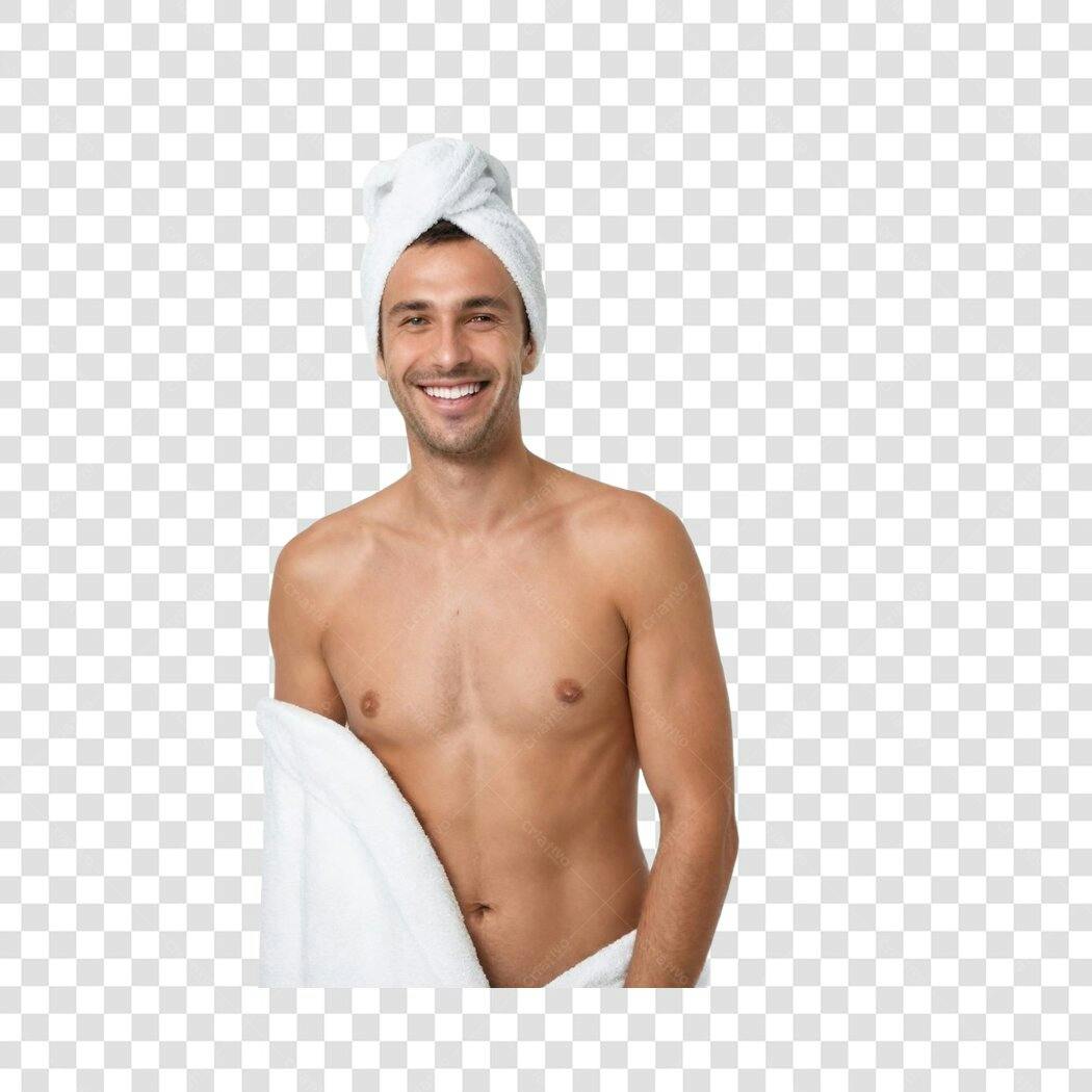 Foto Recortada Homem Toalha na Cabeça Sorrindo PNG Fundo Transparente