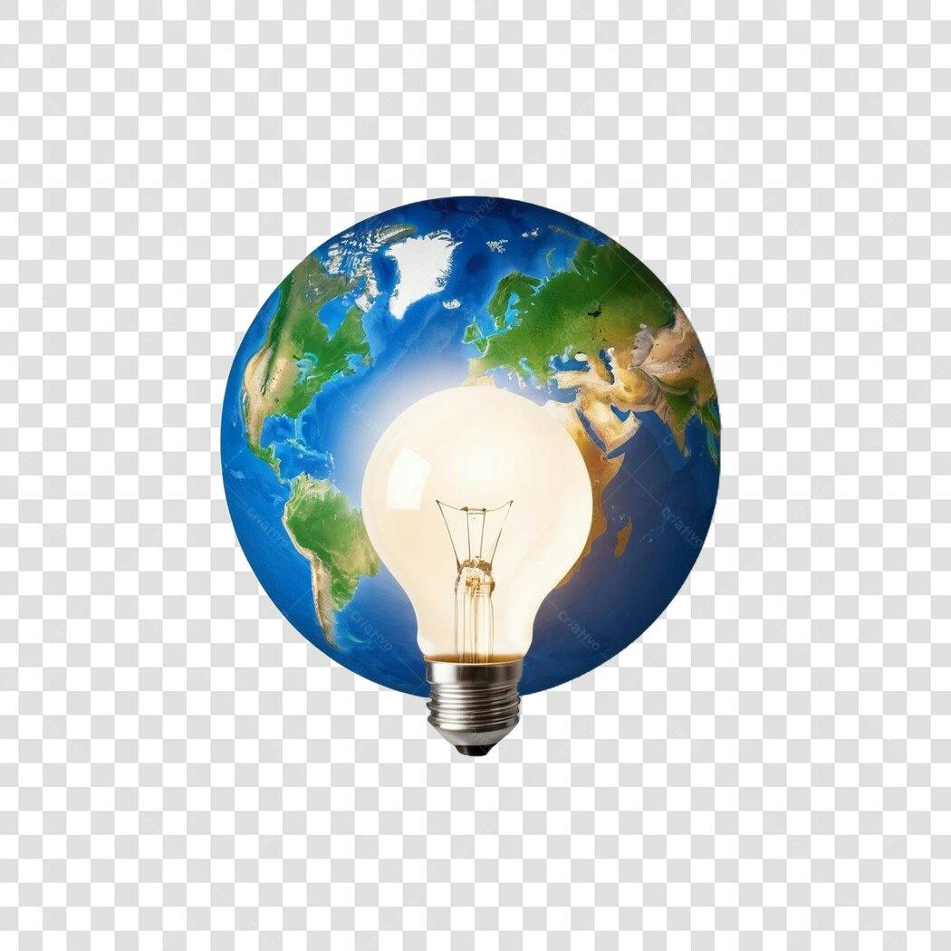 Foto Recortada Lâmpada Acesa e Planeta Terra PNG Fundo Transparente