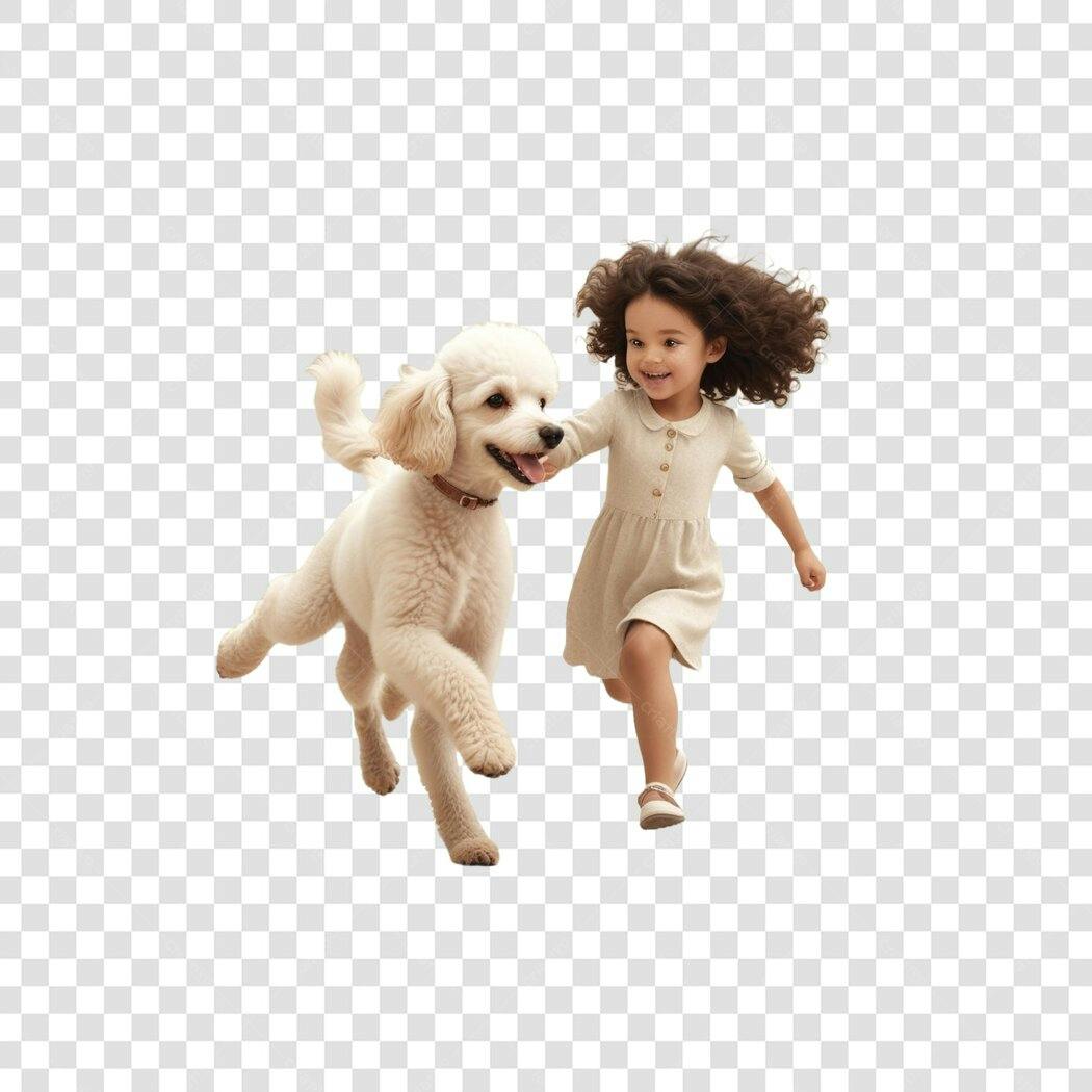 Foto Recortada Menina e Cachorro Poodle Brincando PNG Fundo Transparente