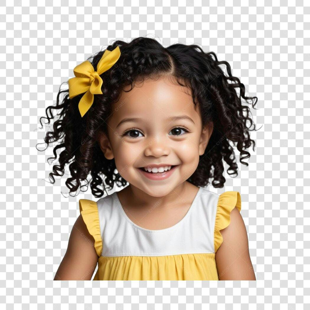 Foto Recortada Menina Negra Cabelo Cacheado Laço Amarelo PNG Fundo Transparente