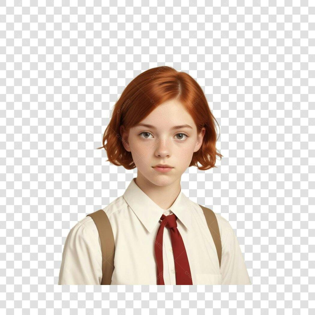 Foto Recortada Menina Ruiva Uniforme Escolar PNG Fundo Transparente