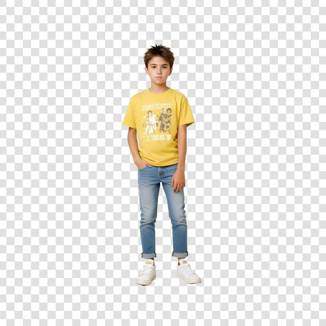Foto Recortada Menino Camiseta Amarela Jeans PNG Fundo Transparente