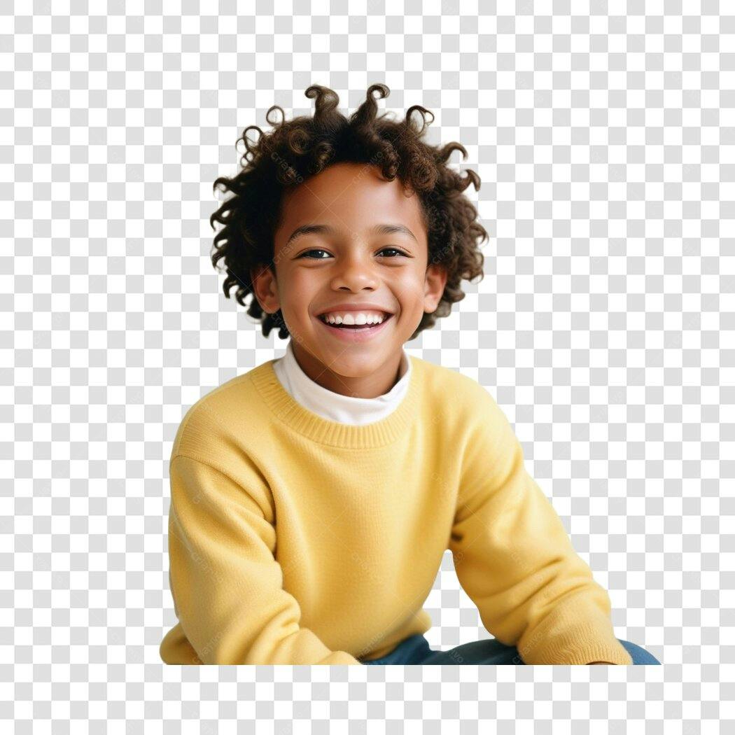 Foto Recortada Menino Negro Cabelo Cacheado Sorrindo PNG Fundo Transparente