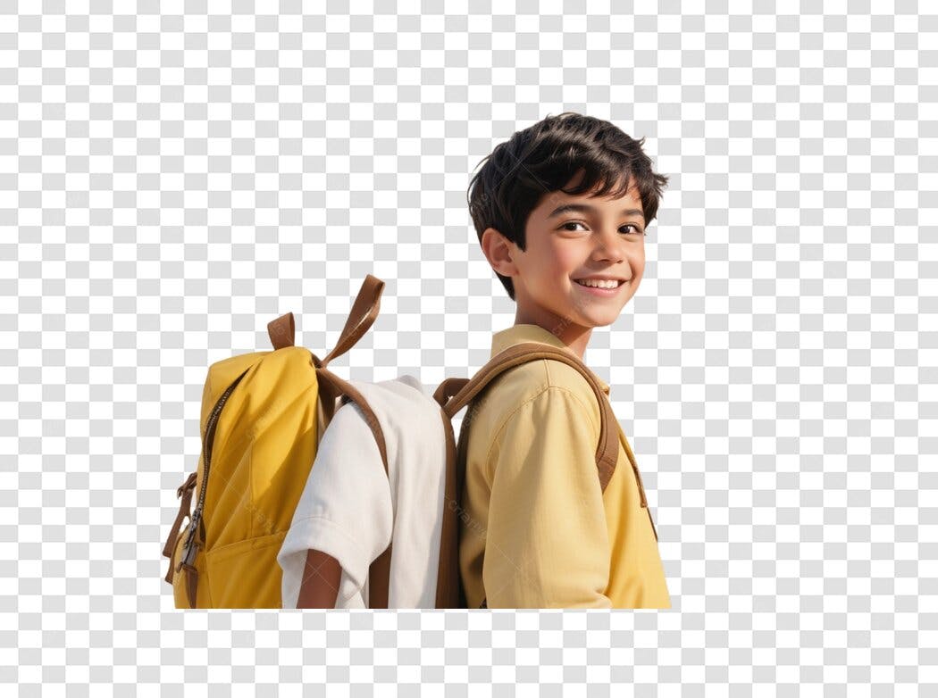 Foto Recortada Menino Sorrindo Mochila Amarela PNG Fundo Transparente