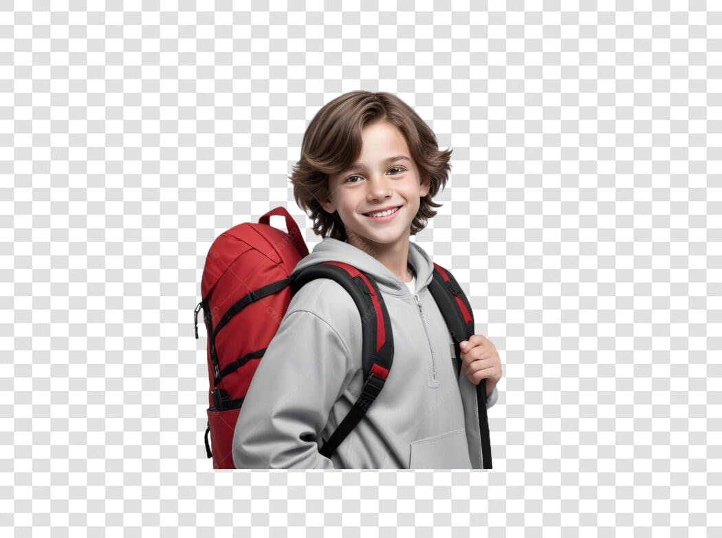 Foto Recortada Menino Sorrindo Mochila Vermelha PNG Fundo Transparente