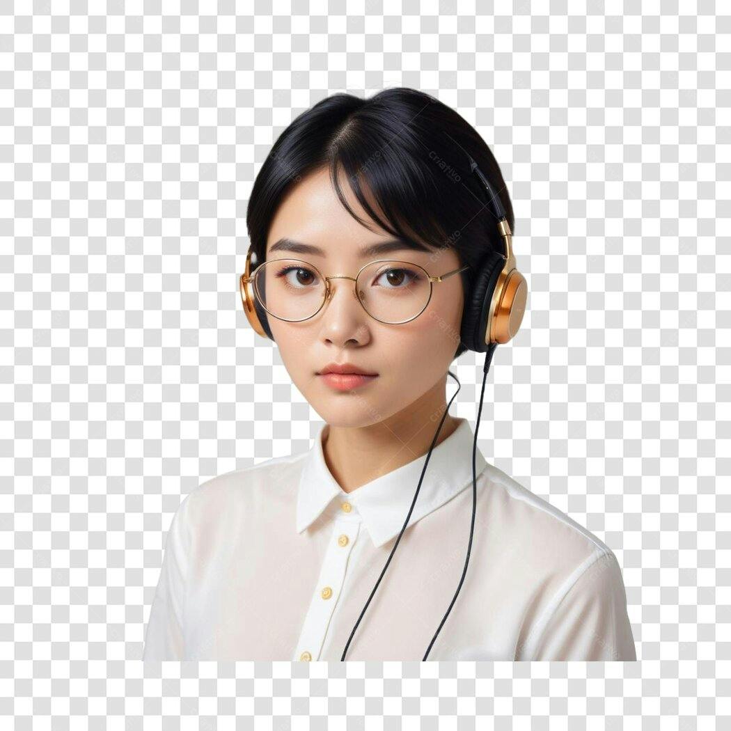 Foto Recortada Mulher Asiática Fones Dourados PNG Fundo Transparente