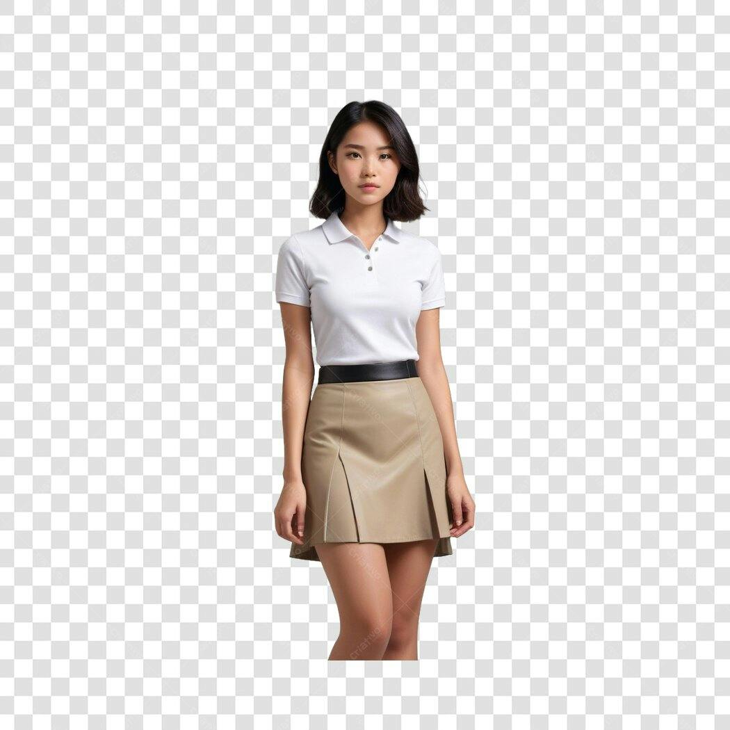 Foto Recortada Mulher Asiática Polo Saia Bege PNG Fundo Transparente