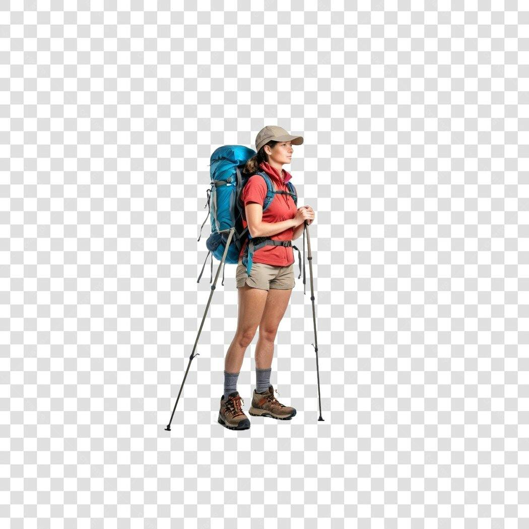 Foto Recortada Mulher Caminhada Mochila Bastões PNG Fundo Transparente