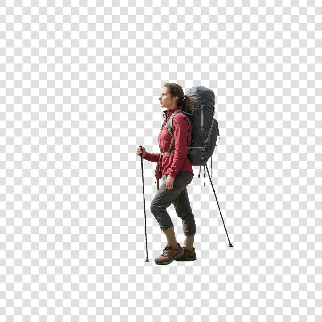 Foto Recortada Mulher Caminhando Mochila Bastões PNG Fundo Transparente