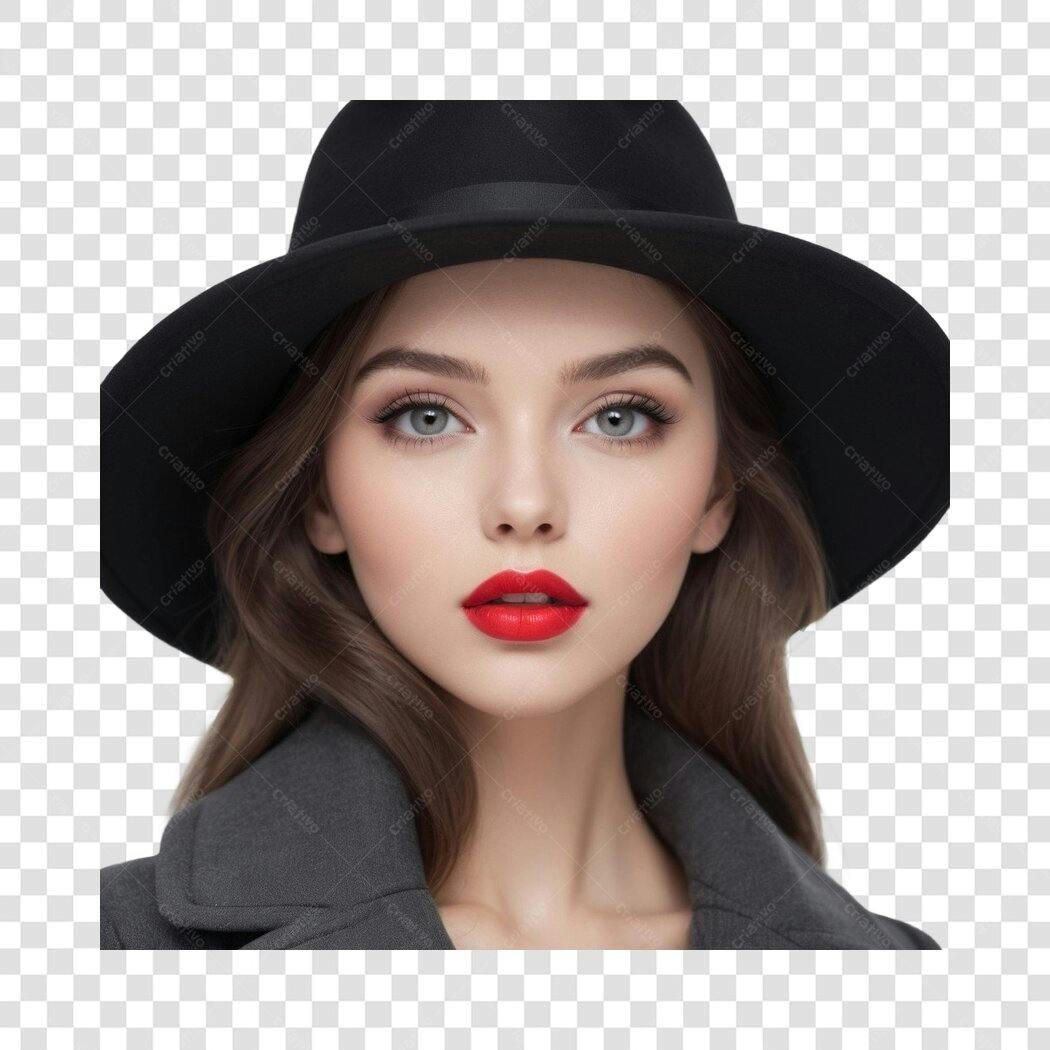 Foto Recortada Mulher Chapéu Preto Batom Vermelho PNG Fundo Transparente