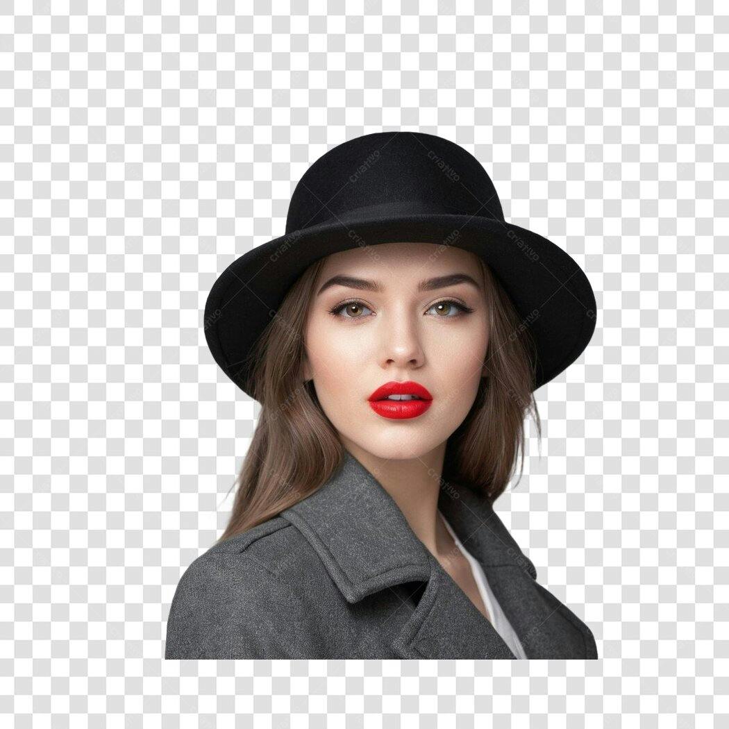 Foto Recortada Mulher Chapéu Preto Casaco Cinza PNG Fundo Transparente