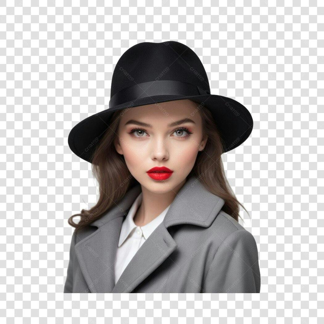 Foto Recortada Mulher Chapéu Preto Casaco Cinza PNG Fundo Transparente