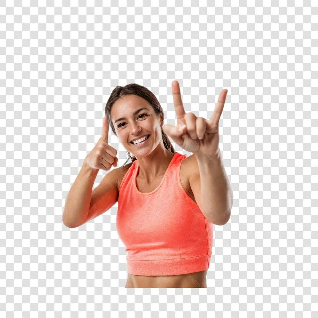Foto Recortada Mulher Fitness Gestos Mão PNG Fundo Transparente