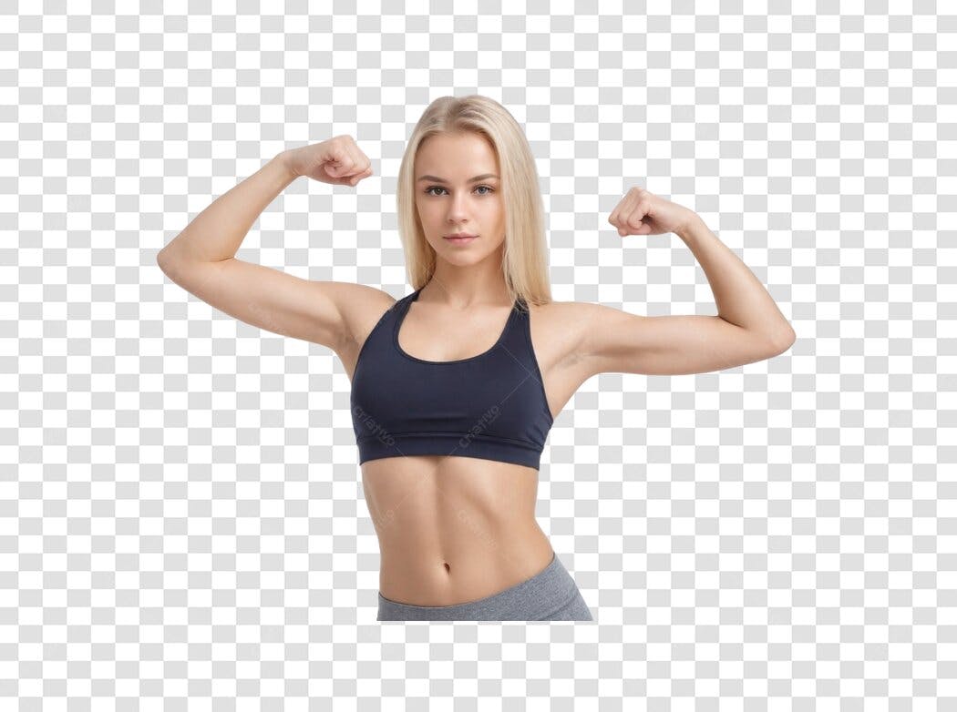 Foto Recortada Mulher Fitness Loira Forte PNG Fundo Transparente