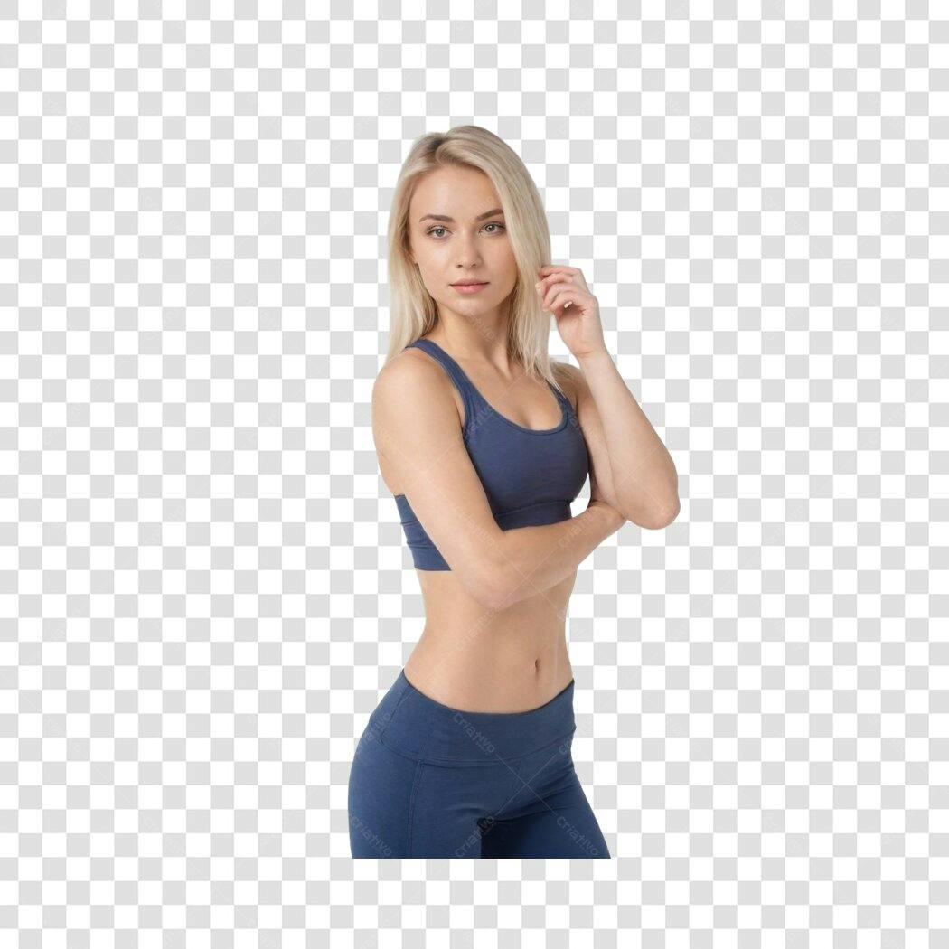 Foto Recortada Mulher Fitness Loira Roupas Azuis PNG Fundo Transparente