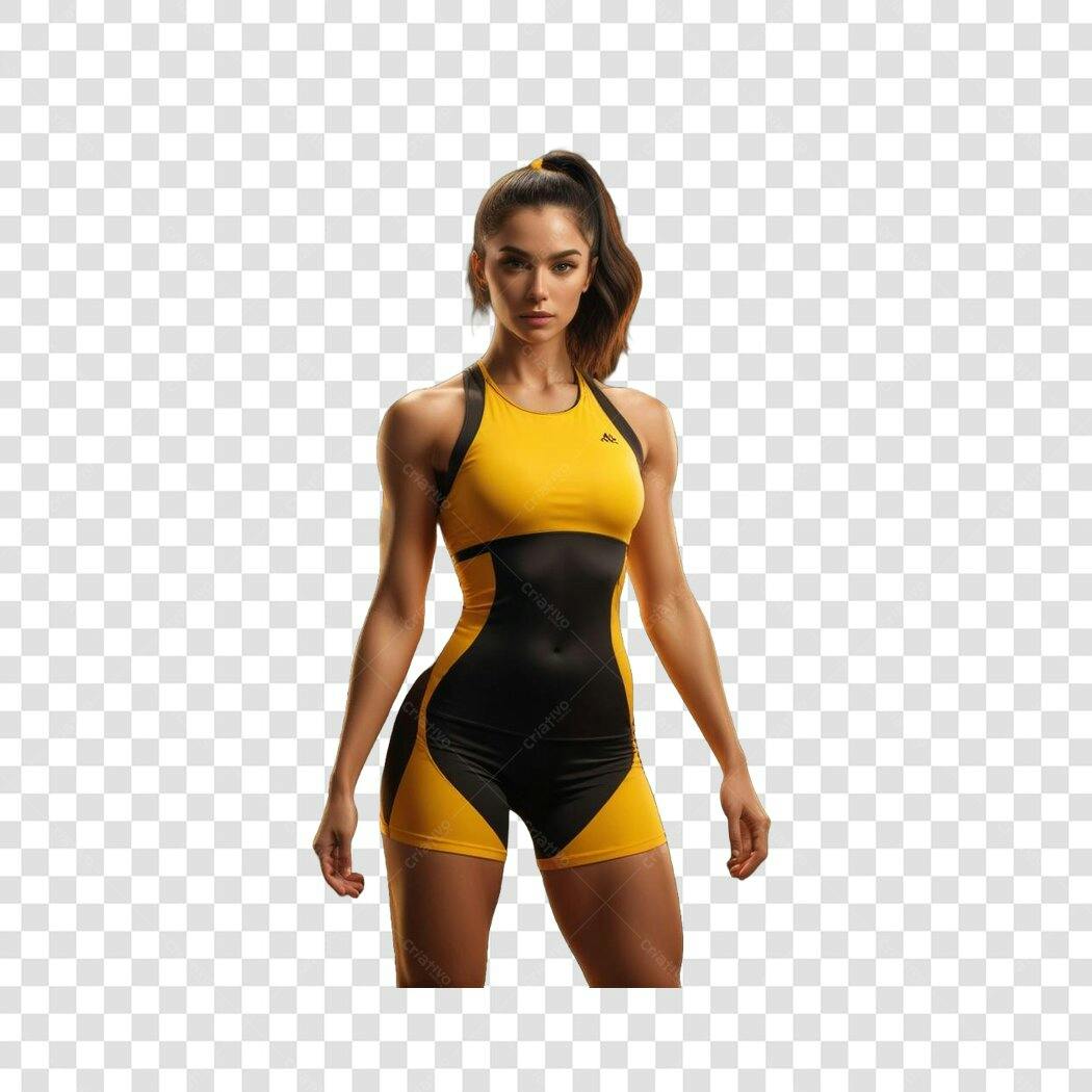 Foto Recortada Mulher Fitness Roupa Amarela PNG Fundo Transparente