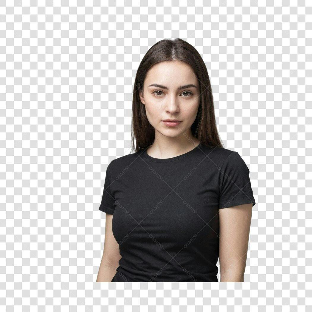 Foto Recortada Mulher Jovem Camiseta Preta PNG Fundo Transparente