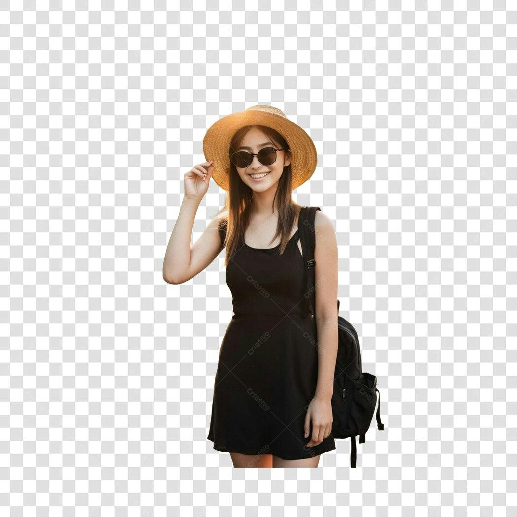 Foto Recortada Mulher Jovem Chapéu Mochila PNG Fundo Transparente
